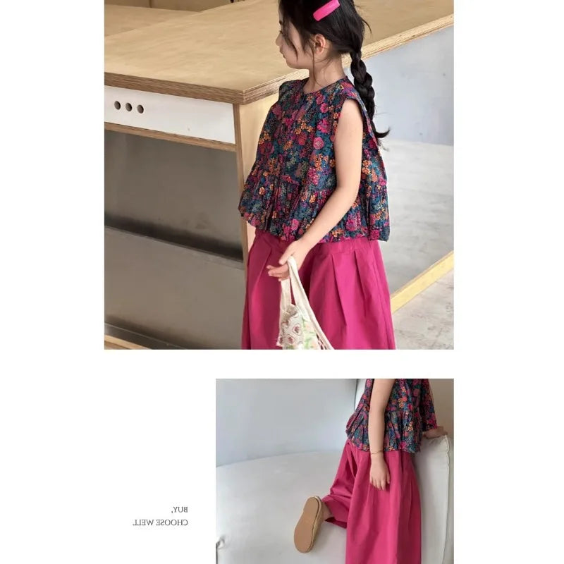 New Summer Infant Baby Girl 2PCS Clothes Set Cotton Floral Print Sleevelss T-shirt Suit Solid Soft Wide Leg Pant Kid Girl Outfit
