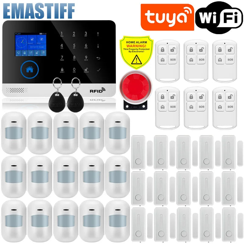 Alarmanlage 2025: Wireless Tuya APP SIM GSM Home RFID Burglar Security - LCD Touch Keyboard WIFI GSM Alarm System Sensor Kit Russian Spanish Voice Collection
