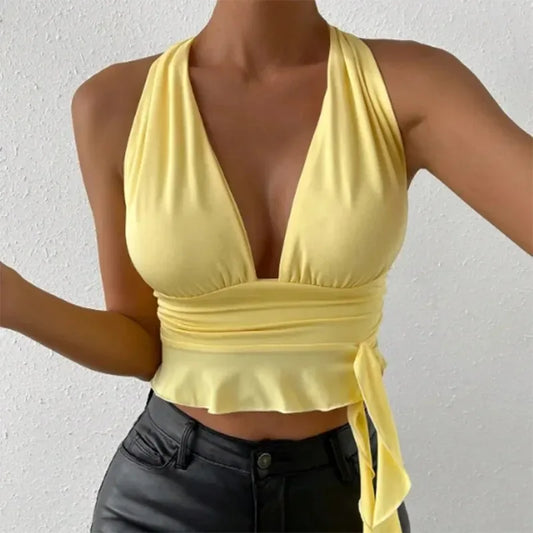 Women's elegant Tight Fitting Deep V-neck Pleated Top Tight Fitting 2024 Spring Beach Resort Nightclub New Model Women's elegant Tigh - Golden Bridge Store