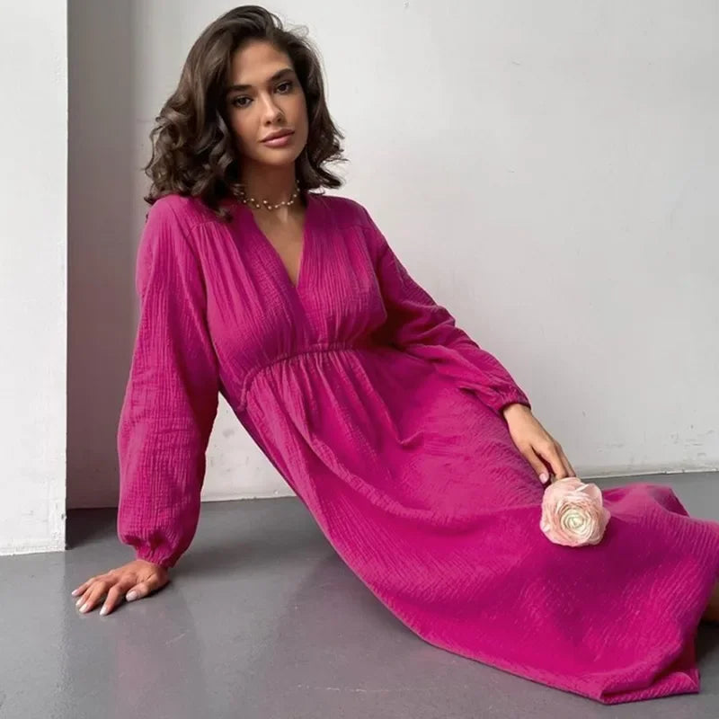 Rochii elegante pentru femei, 100% bumbac, muselină, mânecă lungă, decolteu în V, casual, petrecere, vacanță, plajă, alb, negru, halate, vestidos de mujer