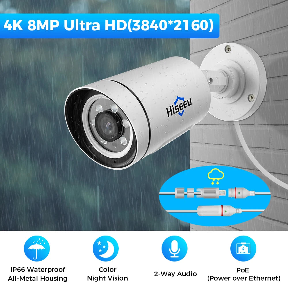 Hiseeu 4K 8MP POE Security IP Camera System Waterproof Full Color AI Face Detection 4CH NVR H.265 Surveillance CCTV Cameras Kit