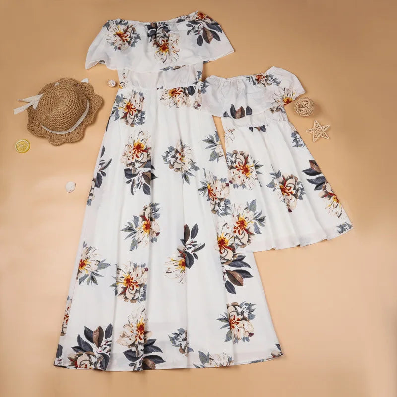 New Mother Daughter Summer Dresses Floral Slash Neck Beach Chiffon Dress Mom Mommy and Me Loose Dress Family Matching Outfits
