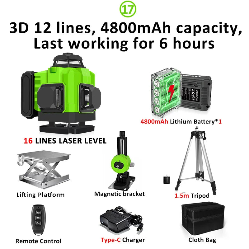 CLUBIONA 16/12 lines Self-leveling Remote Control Outdoor Mode - Receiver Auto 3x360 Green beam Line Laser Level