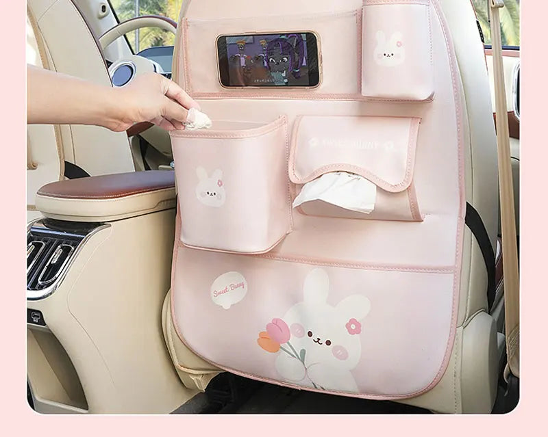 Car Seat Back Storage Bag Organizer Bear Bunny Multifunctional Car Back Seat Anti-Dirty Anti-Kick Storage Pad Car Accessories
