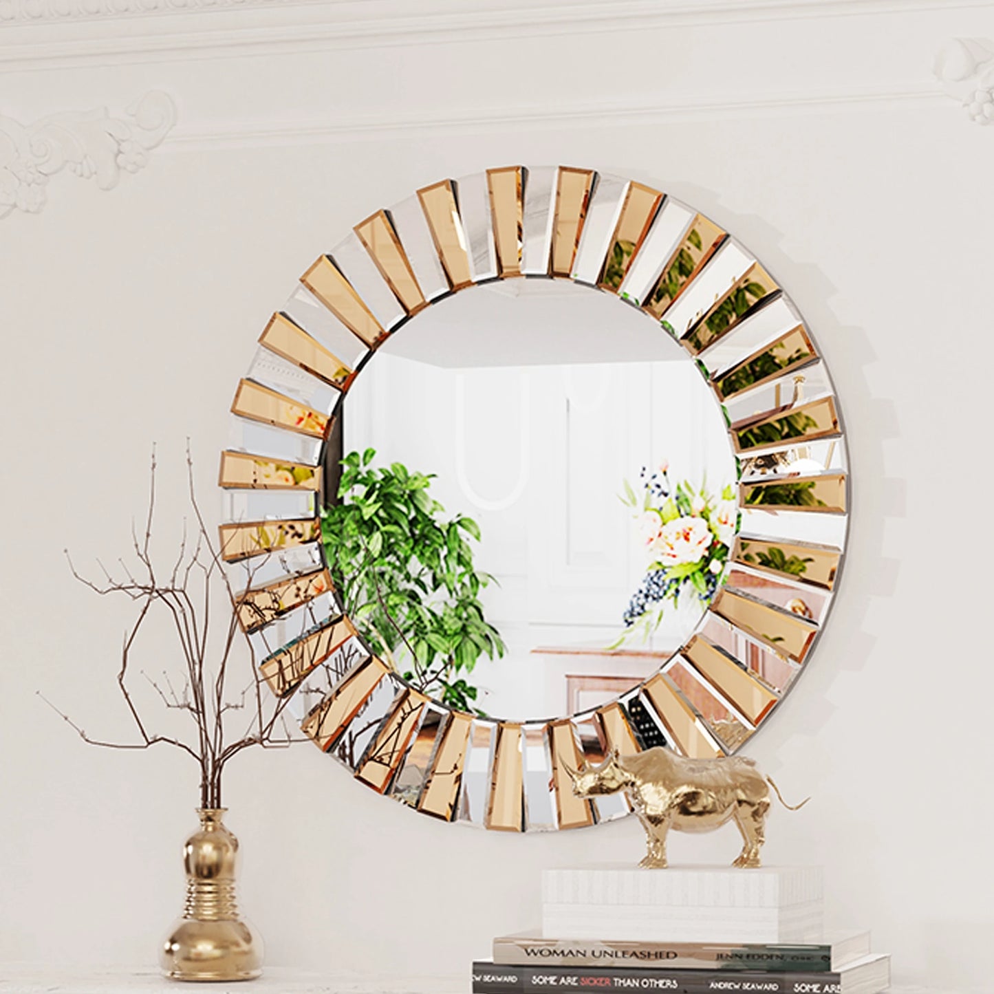 Wisfor Sunburst Wandspiegel Rund 60cm - Dekorativer Spiegel mit Facettenschliff