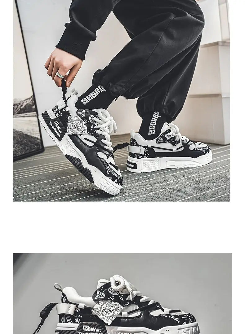 Mens Shoes 2025 Platform Sneakers New Trend Design Graffiti Skateboard Shoes Lace UP Soft Sole Non Slip Outdoor Sports Shoes
