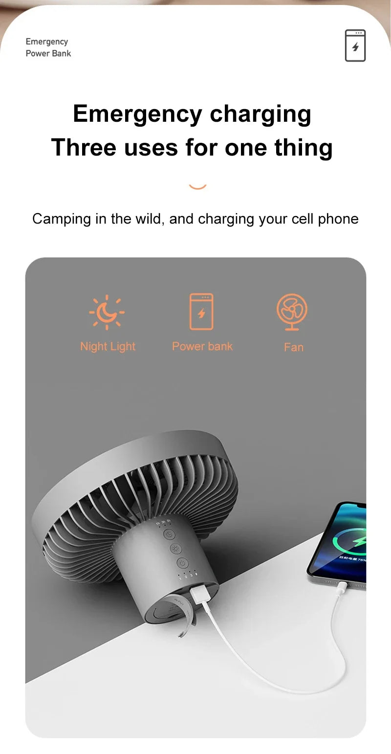 10000mAh Portable Fan Home Outdoor Camping Fan LED Lighting Tripod Stand Desktop with Power Bank Wireless Ceiling Electric Fan