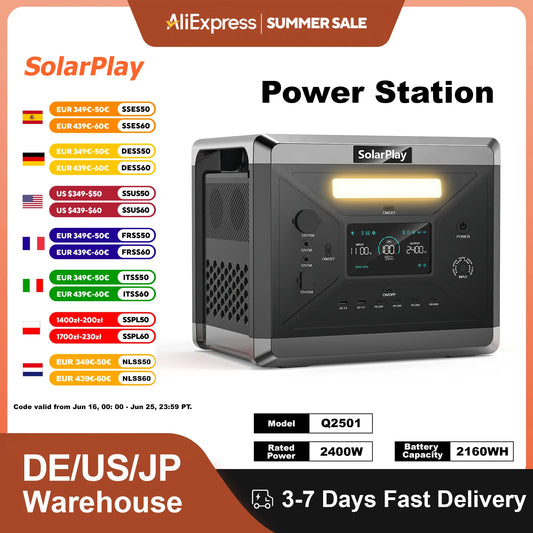 Generator solar 2025: Stație de alimentare portabilă SOLARPLAY Q2501, baterie LiFePO4 2160WH, 2400W (vârf 4800W), ieșire CA, generator solar, colecție Garden Party