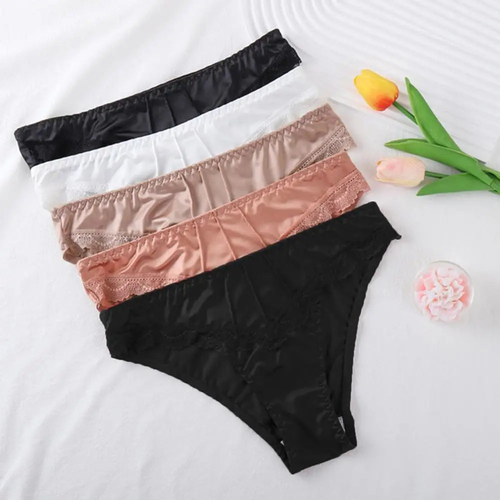 Floral Lace Women Underpants Elegant Floral Lace Trim Low-waist Women's Panties for Daily Wear Honeymoon Wedding Night Silky