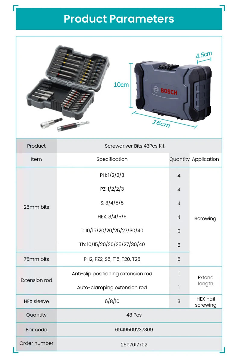 Bosch Screwdriver Bits 43 Pcs Rainbow Kit High Hardness Hand Drill Bit Screw 25Mm 75Mm Electric Screwdriver Bits for Power Tools