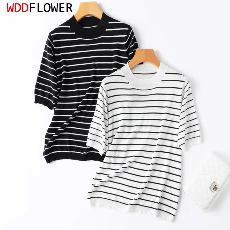 Women Knit T-Shirt 70% Mulberrry Silk 30% Cotton Round Neck Stripes Short Sleeve Sweater Pullover Top Shirt L XL XXL LY040