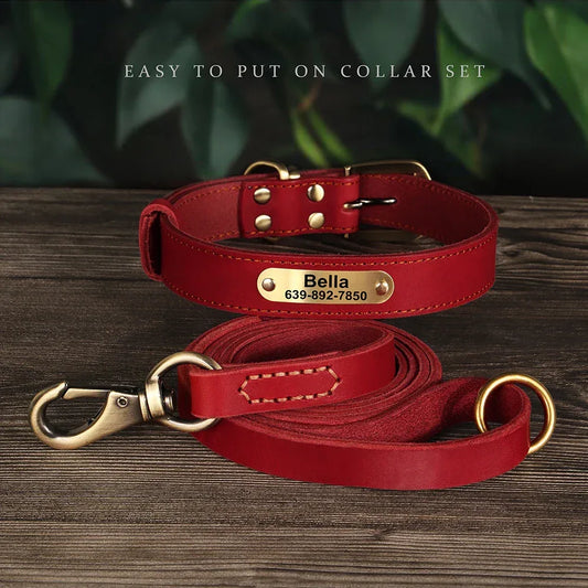 Echtes Leder Hund Halsband Leine Set Personalisiert Haustier Halsband Mit Leine Kostenlose Gravur Namensschild Für Kleine Mittlere Große Hunde - Golden Bridge Store