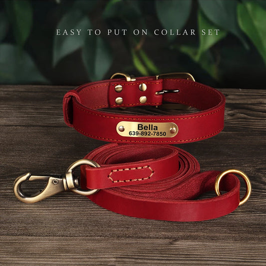 Echtes Leder Hund Halsband Leine Set Personalisiert Haustier Halsband Mit Leine Kostenlose Gravur Namensschild Für Kleine Mittlere Große Hunde - Golden Bridge Store