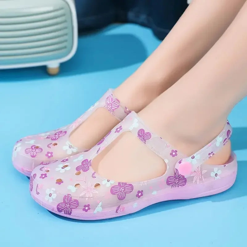 Women's Pink Floral & Butterfly Print Transparent T - Strap Jelly Sandals - Comfortable & Stylish Summer Printed Hole Shoes