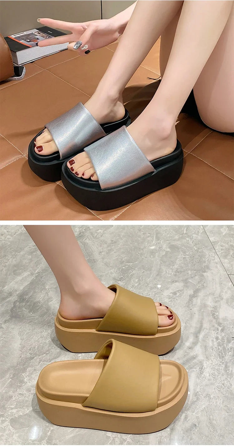 Summer Women Slippers Ladies Beach Flip-Flops Chunky Leather Shoes Wedges Heels Outside Sandals Woman High Platform Slippers 8CM