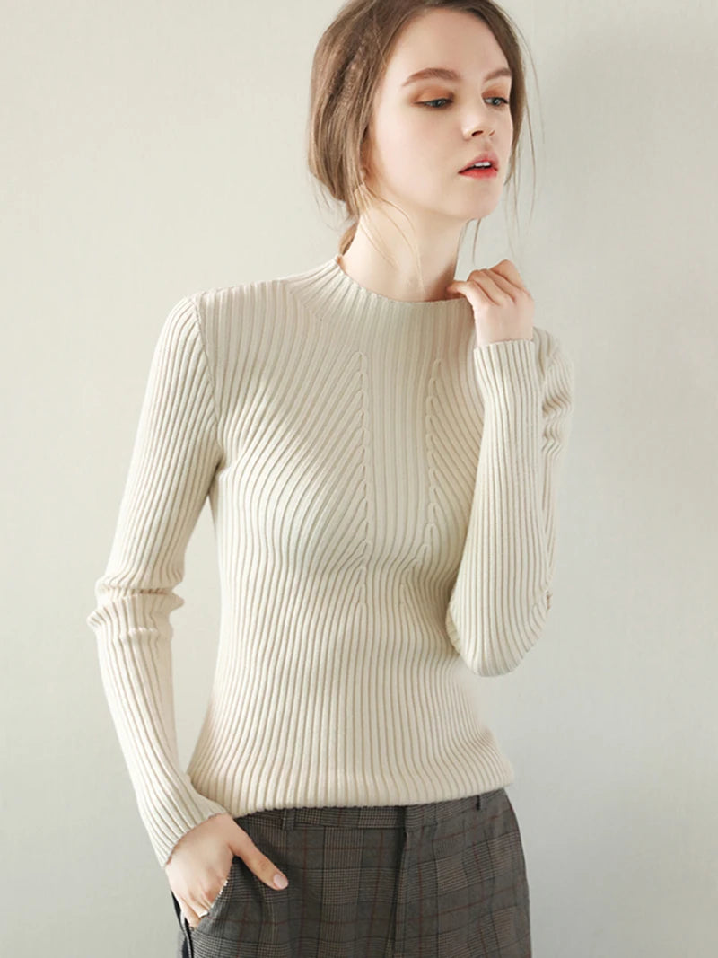 Pulover Livia cu guler înalt slim, cu nervuri - S-XL, mânecă lungă