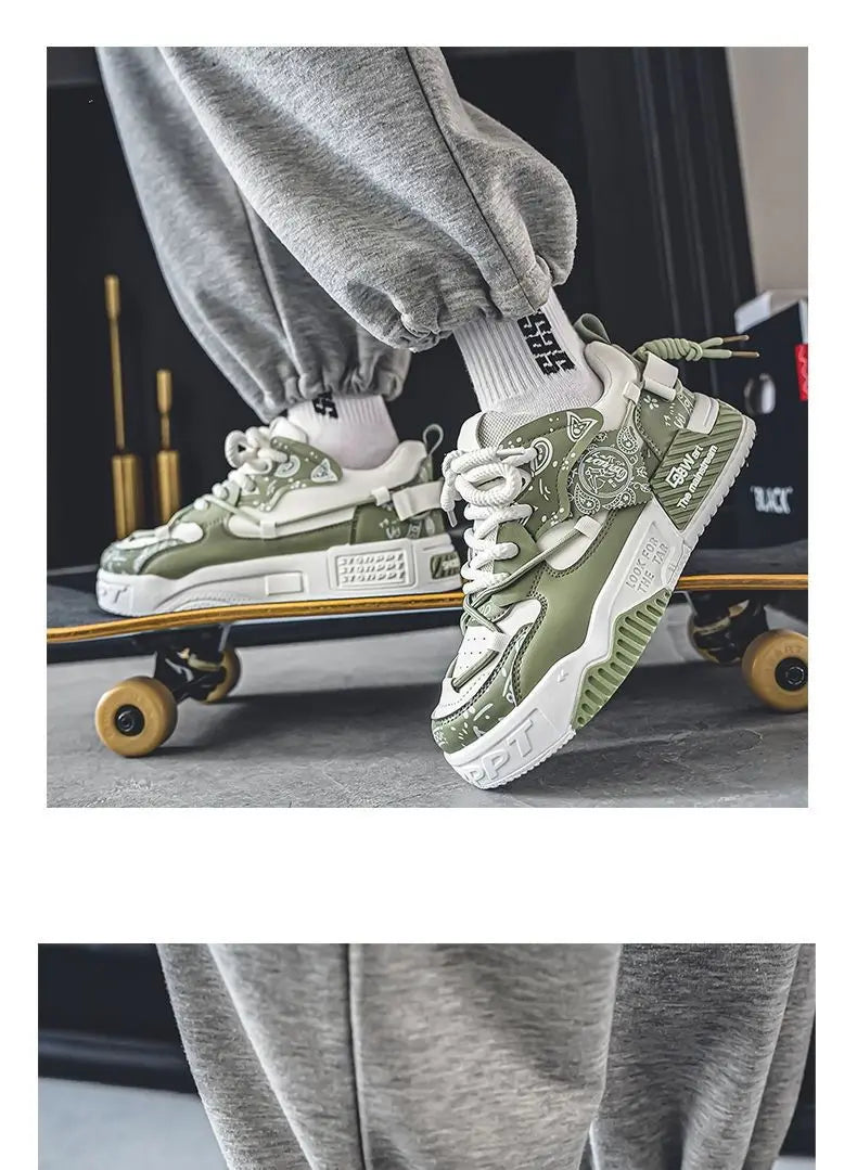 Mens Shoes 2025 Platform Sneakers New Trend Design Graffiti Skateboard Shoes Lace UP Soft Sole Non Slip Outdoor Sports Shoes