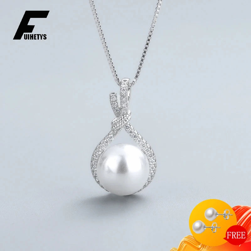 Luxury 925 Silver Jewelry Necklace Pendant Round White Pearl Zircon Gemstone Accessories for Women Wedding Engagement Wholesale
