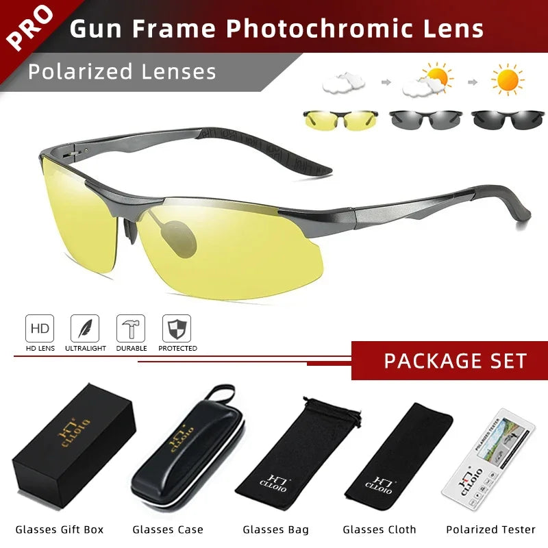 CLLOIO Aluminium Rimless Photochromic Day Night Vision Anti-Glare Glasses Men Polarized Driving Sunglasses Travel Fishing Goggle