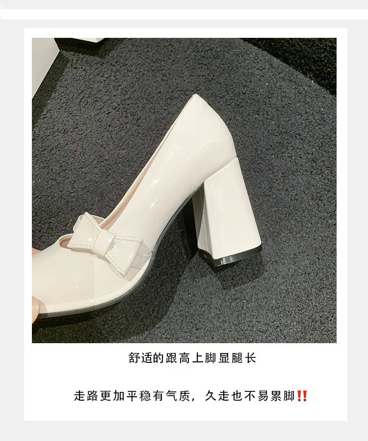 Elegant Heel Shoes Ladies 8cm High Heel Bowknot Solid Mary Jane Zapatos Adult Dress Pink White Black Cosplay Footwear
