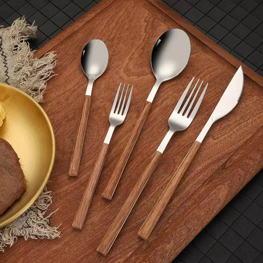 Creative Stainless Steel Spoon Fork Knife Portable Wood Grain Cutlery Set Western Tableware Thickened Fruit Fork