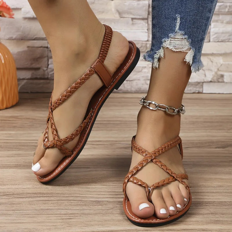 Summer New Style Fashion Casual Thin Strap Sandals Solid Color Round Toe Lightweight Flat Heel Open Toe Women's Shoes NO:FC010