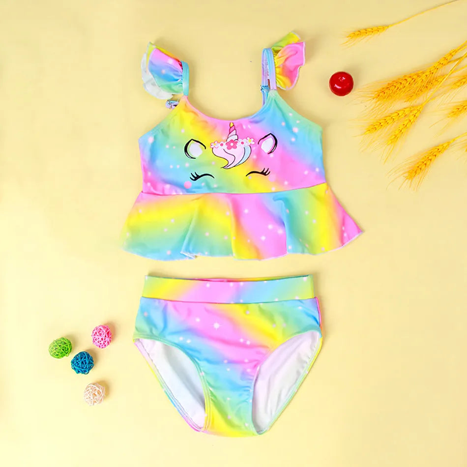 Mädchen-Badeanzug 2025: Einhorn Kinder Bademode Rüschen Strand Schwimmanzug - 2-teiliges Set Baby Geburtstag Badebekleidung 3-8 Jahre