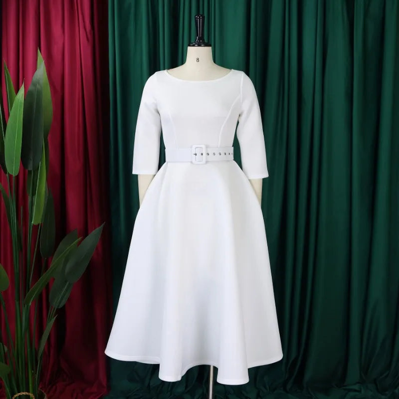 Elegant Women Party Dresses A Line with Waist Belt Three Quarter Sleeves Classy Office Ladies Wedding Guest Gowns Female
