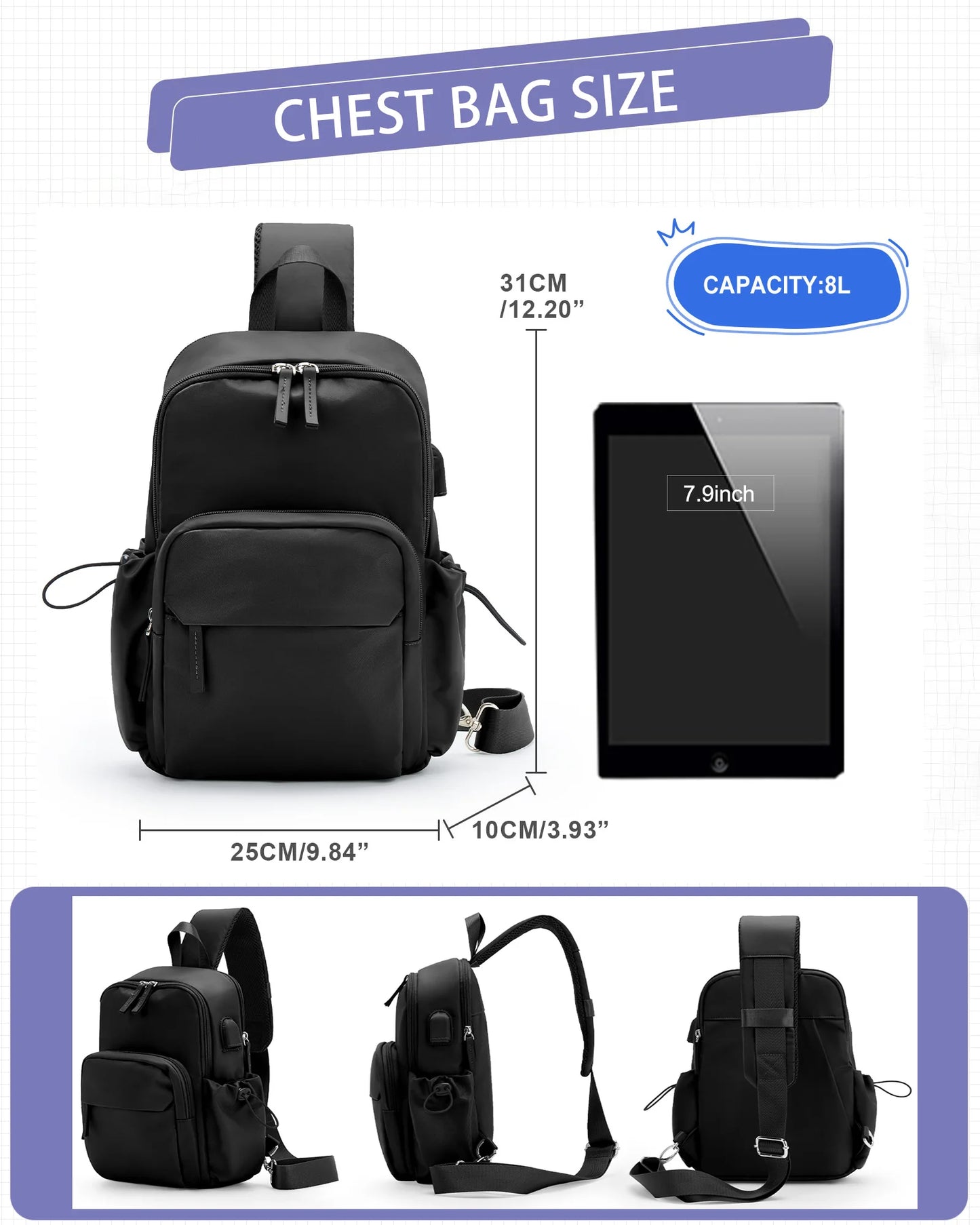 Versatile Chest Bag for Men Women Casual Sports Crossbody Bag Fashion Small Shoulder Bag with USB Charging Large Capacity Waist
