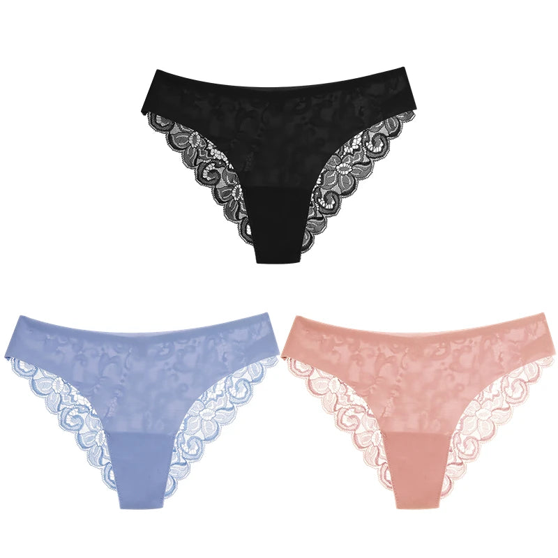 TrowBridge 3PCS Women's Panties Set Sweet Lace Underwear Soft Silk Satin Lingerie French Romantic Woman Briefs Female elegant Panty