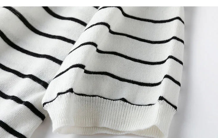Women Knit T-Shirt 70% Mulberrry Silk 30% Cotton Round Neck Stripes Short Sleeve Sweater Pullover Top Shirt L XL XXL LY040