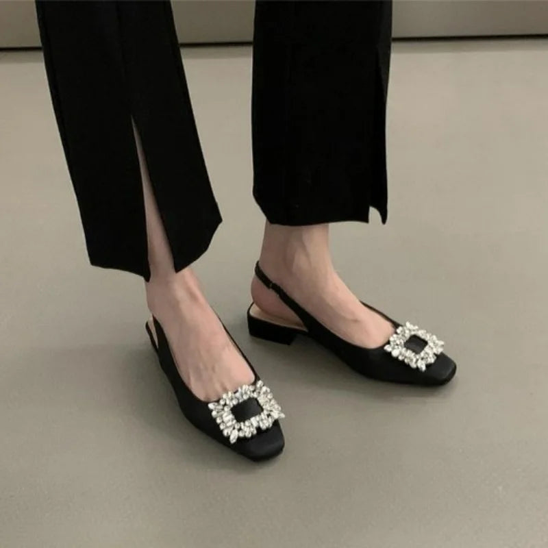 Fashion Women's Sandals Summer New Slingback Slippers Female Low Heel Rhinestone Buckle Back Strap Sexy Pumps Sandalias De Mujer