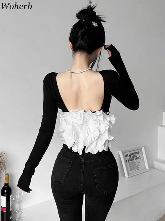 New elegant Tshirts for Women 2025 Ropa Mujer Patchwork Tops Tunic Long Sleeve Tees Backless Crop  Fashion Casual Y2k T-shirt
