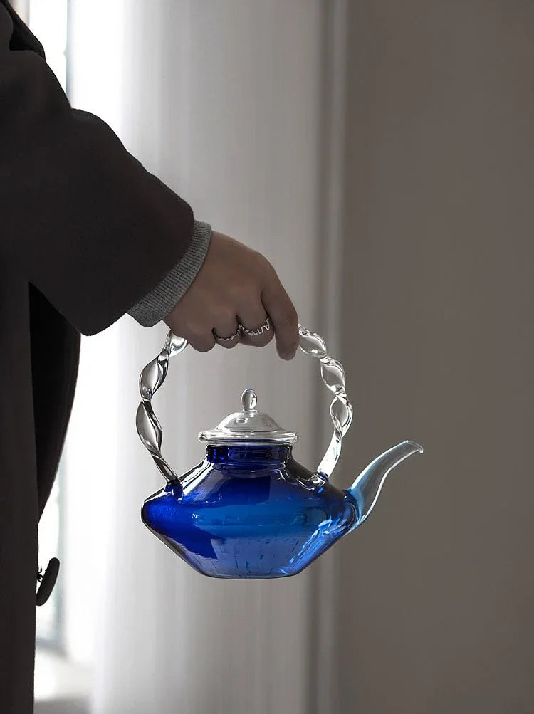 Blue Glass Teapot Teacup Tea Filter Mesh Glass Coffee Pot Heat-resistant Glass Pot Household Kitchen Kettle Exquisite Gift 2022