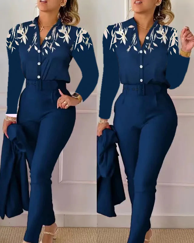 Femei elegante cămașă două piese set costume toamna nouă modă imprimare mânecă lungă top pantaloni negri set cu curea bluze îmbrăcăminte feminină
