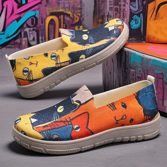 Women's Slip-On Sneakers Cat Print Spring Casual Shoes Plus Size Flat Sole Comfort Color Block Fabric Breathable Lightweight