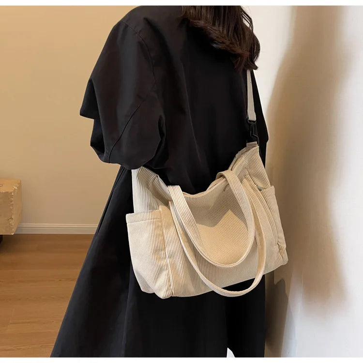 Fashion Versatile Shoulder Bag College Wind Commuting Corduroy Square BagUnisex Large Capacity Leisure Portable Crossbody Bag