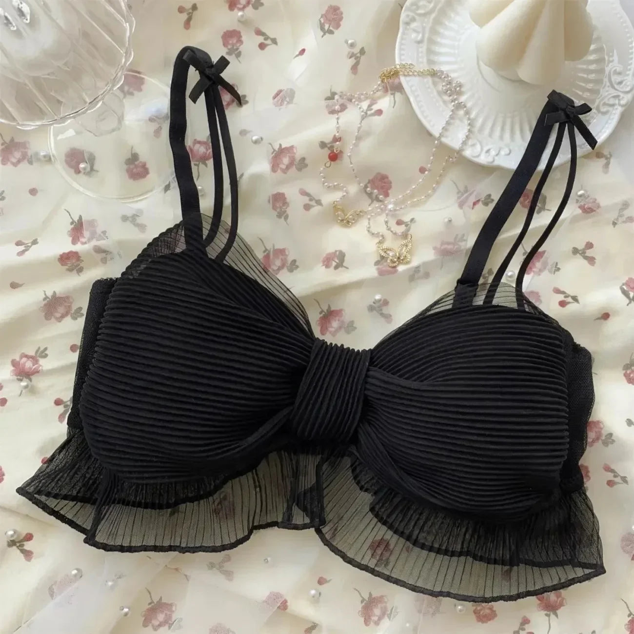 Lenjerie intimă elegantă japoneză dulce fără fir pentru fete, sutien confortabil, din dantelă și tul, bikini, push-up, sutien cu fundă