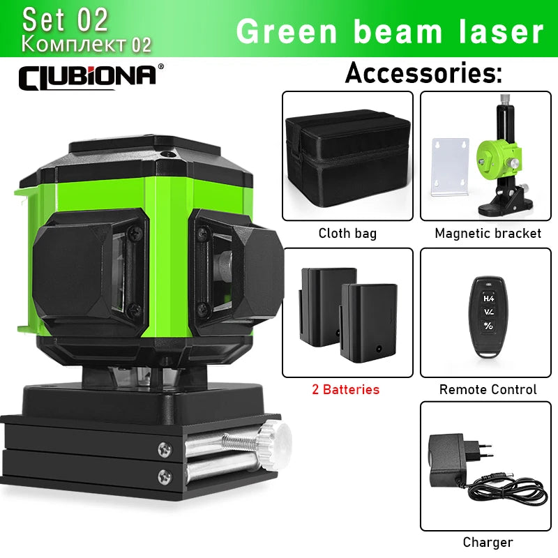 CLUBIONA 16/12 lines Self-leveling Remote Control Outdoor Mode - Receiver Auto 3x360 Green beam Line Laser Level