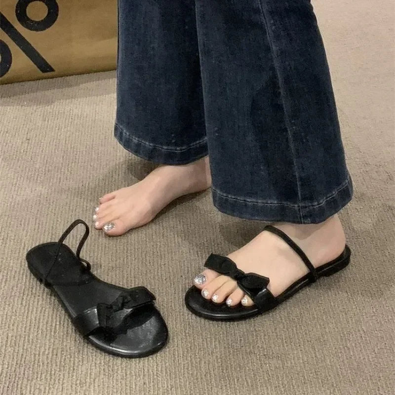 Flat Bottomed Slippers for Women Summer Bow Shaped Slimming Straight Strap Flat Sandals Women's Open Toed French Slippers Womens