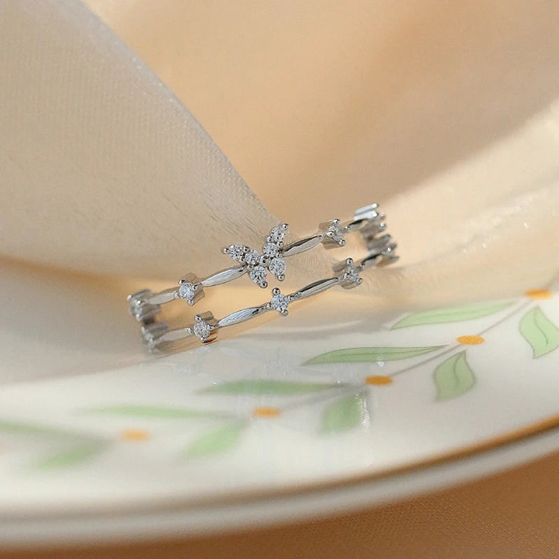 ANENJERY Silver Color Zircon Butterfly Double Layer Adjustable Ring For Women Light Luxury Shiny Accessories Girl Gift