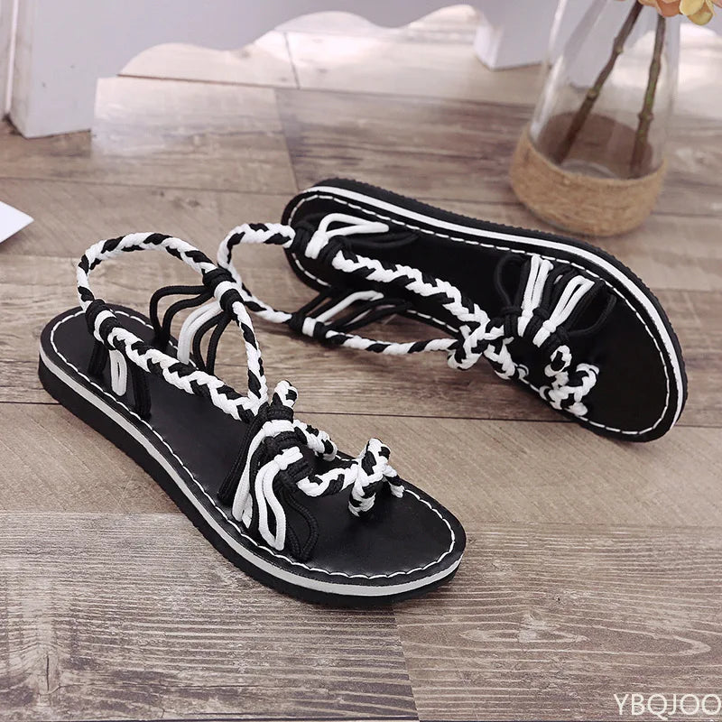 Women Sandals Summer Closed Toe Flat Romen Sandals Women Mixed Colors Rope Knot Sandals Women Casual Beach Sandals Plus Size