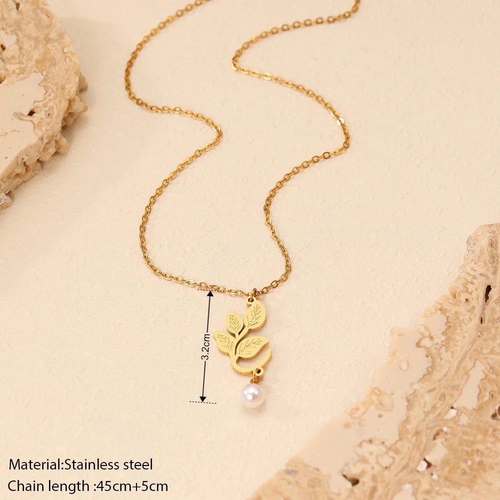 Stainless Steel Necklaces Retro Lrregular leaf Pendant White Imitation Pearl Light Luxury Necklace For Women Jewelry Party Gifts