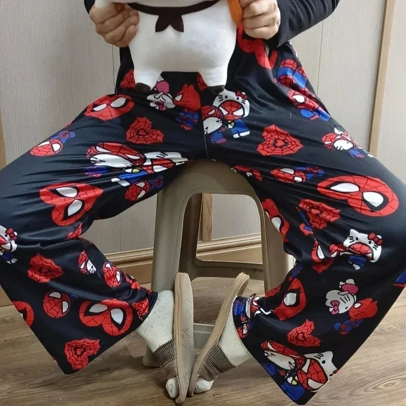 Pyjama 2025: Hello Kitty Spiderman Pajamas Black Kawaii Print - Men Women Universal Couple Fashion Long Comfort Loose Casual Pants Clothing Collection