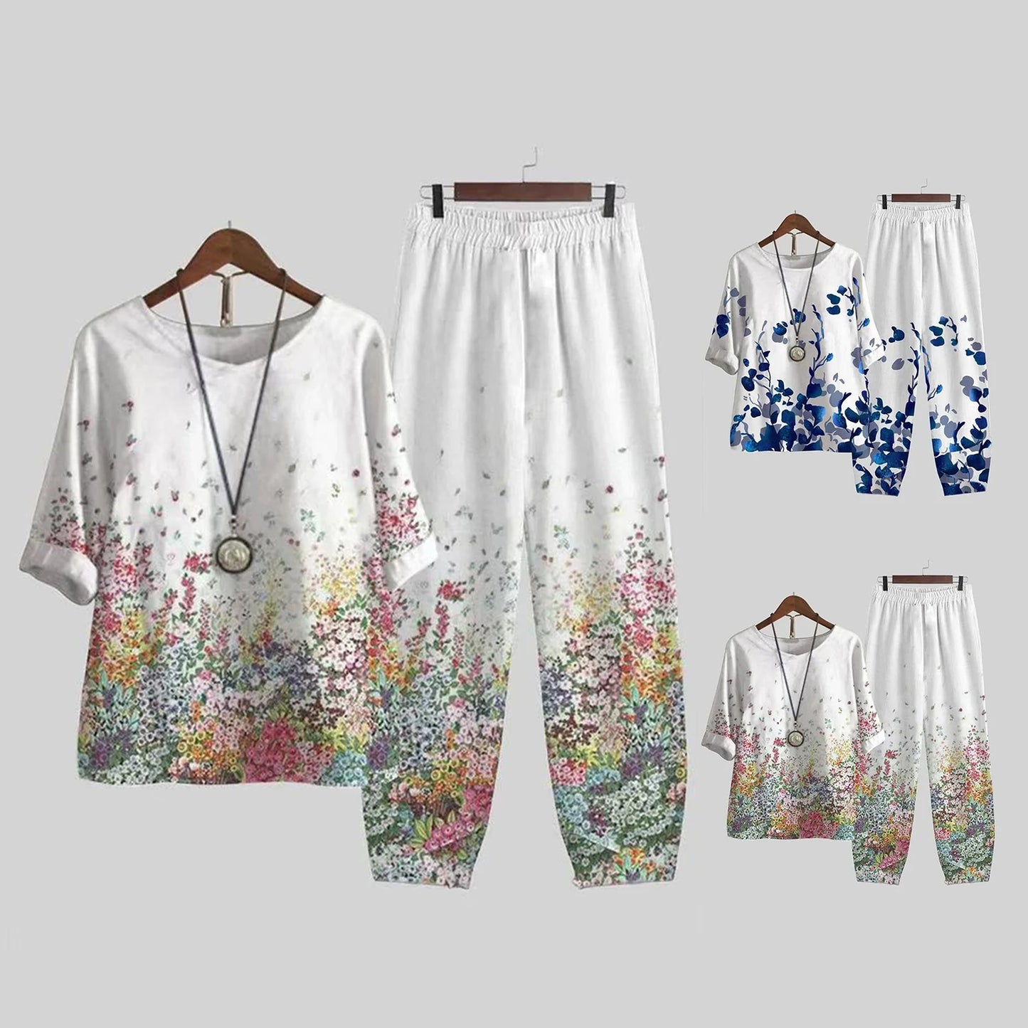 Elegant  Women Outfit Breathable Flower Pattern Blouse Trousers Half Sleeves Soft Blouse Pants Spring Clothes