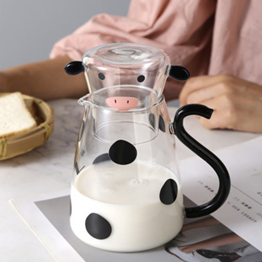 Glass Cold Water Kettle With Handle Lovely Cartoon Cow Cold Cup Flowering Teapot Milk Iced Beverage Bottle Jug Kitchen Supplies
