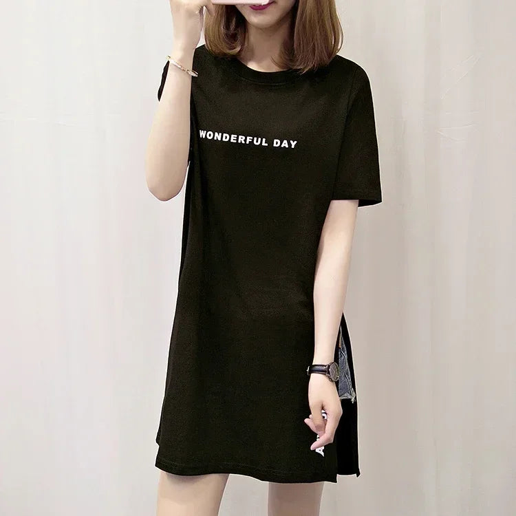 Women T-shirts Anime Y2k T Shirts Gothic tops 2023 Summer Loose Slit Femme Cotton T shirt Print Long Short Sleeve Ladies T-shirt