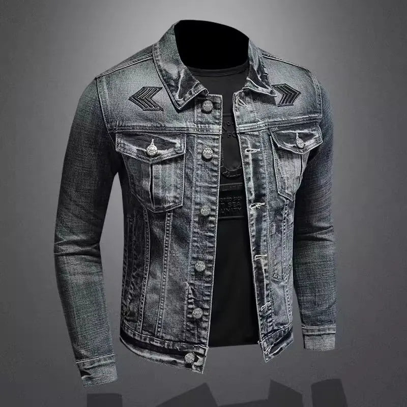 Jachetă denim vintage pentru bărbați, stil High Street, vrac, evazabil, motociclist, îmbrăcăminte elegantă, casual, cu rever cu nasturi, îmbrăcăminte pentru bărbați