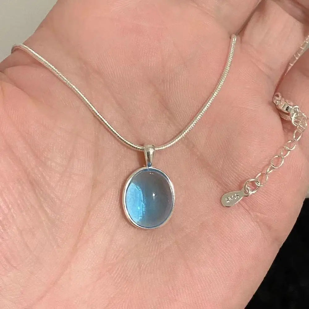 Silver Color Oval Aquamarine Pendant Necklace Ladies Girls Luxury Snake Chain Necklace Fashion Jewelry Gifts For Women New 2024