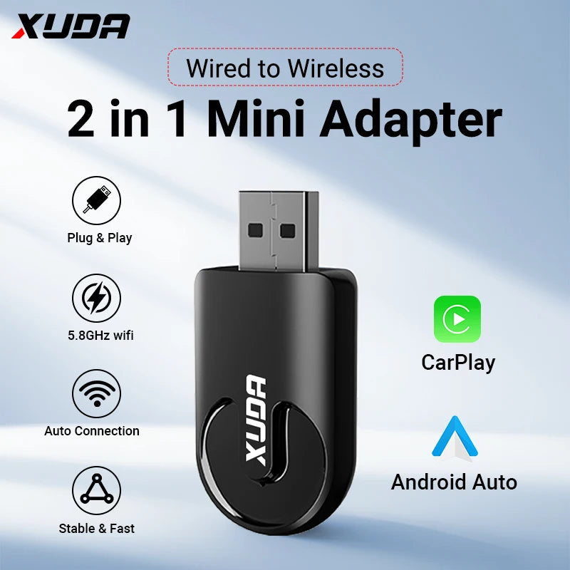 XUDA 2 în 1 Wireless CarPlay AI Mini Box 2025 - Android Auto Box Plug Play - Conexiune automată compatibilă cu 99% dintre radiourile auto pentru mașini